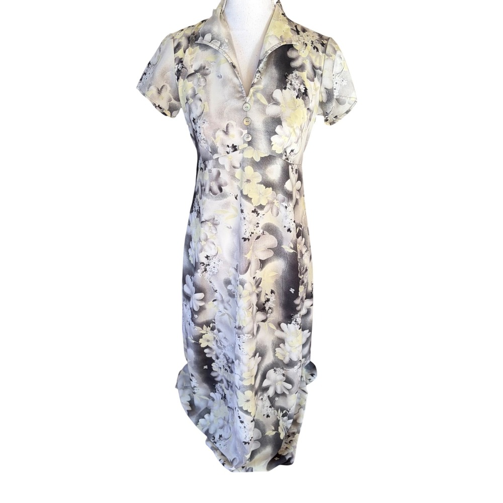 Casual Corner 90s Vintage Floral Maxi Dress Grey Yellow Short Sleeve Romantic